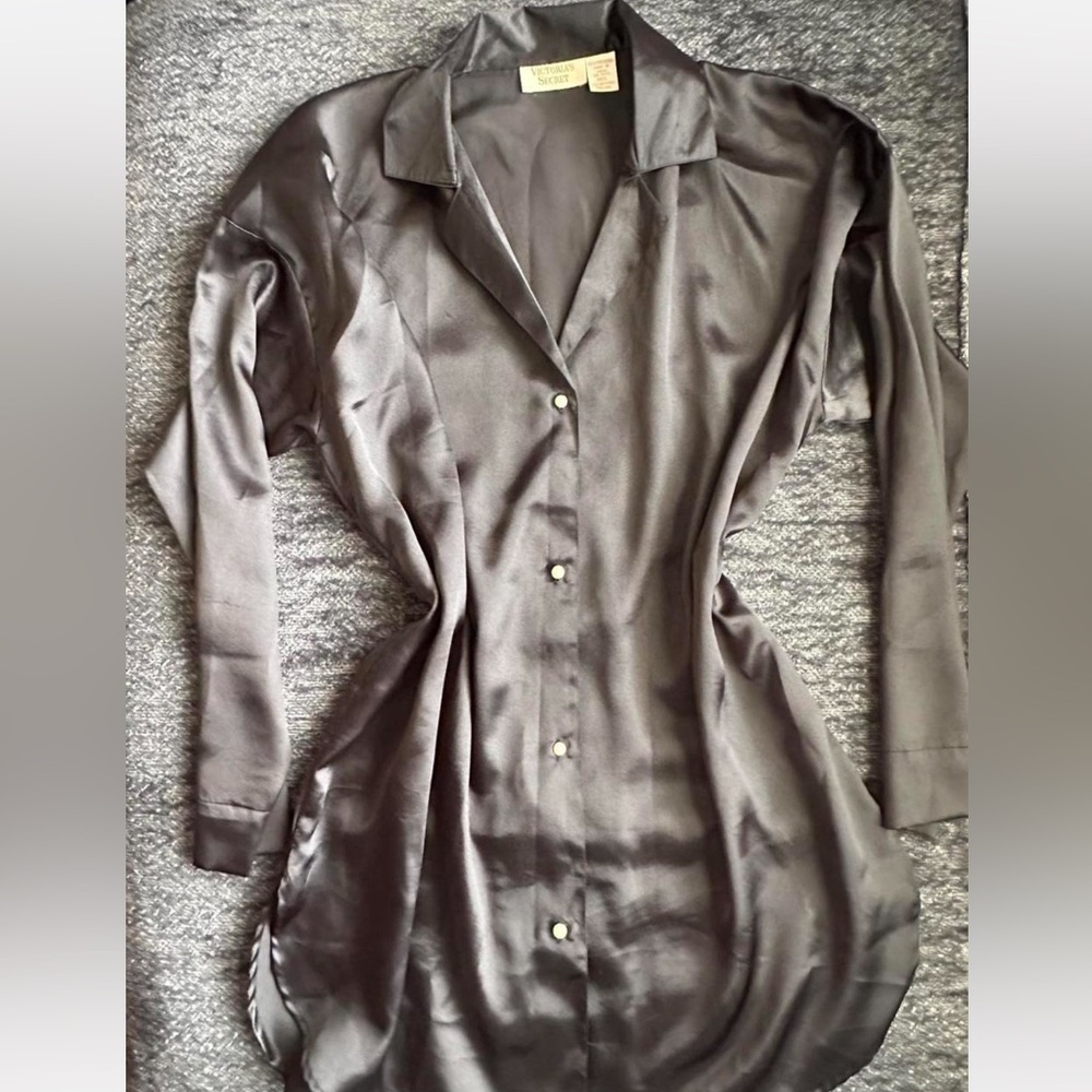 Vintage Y2K Victoria’s Secret Black Satin Button-Up Shirt Dress – Size M/L